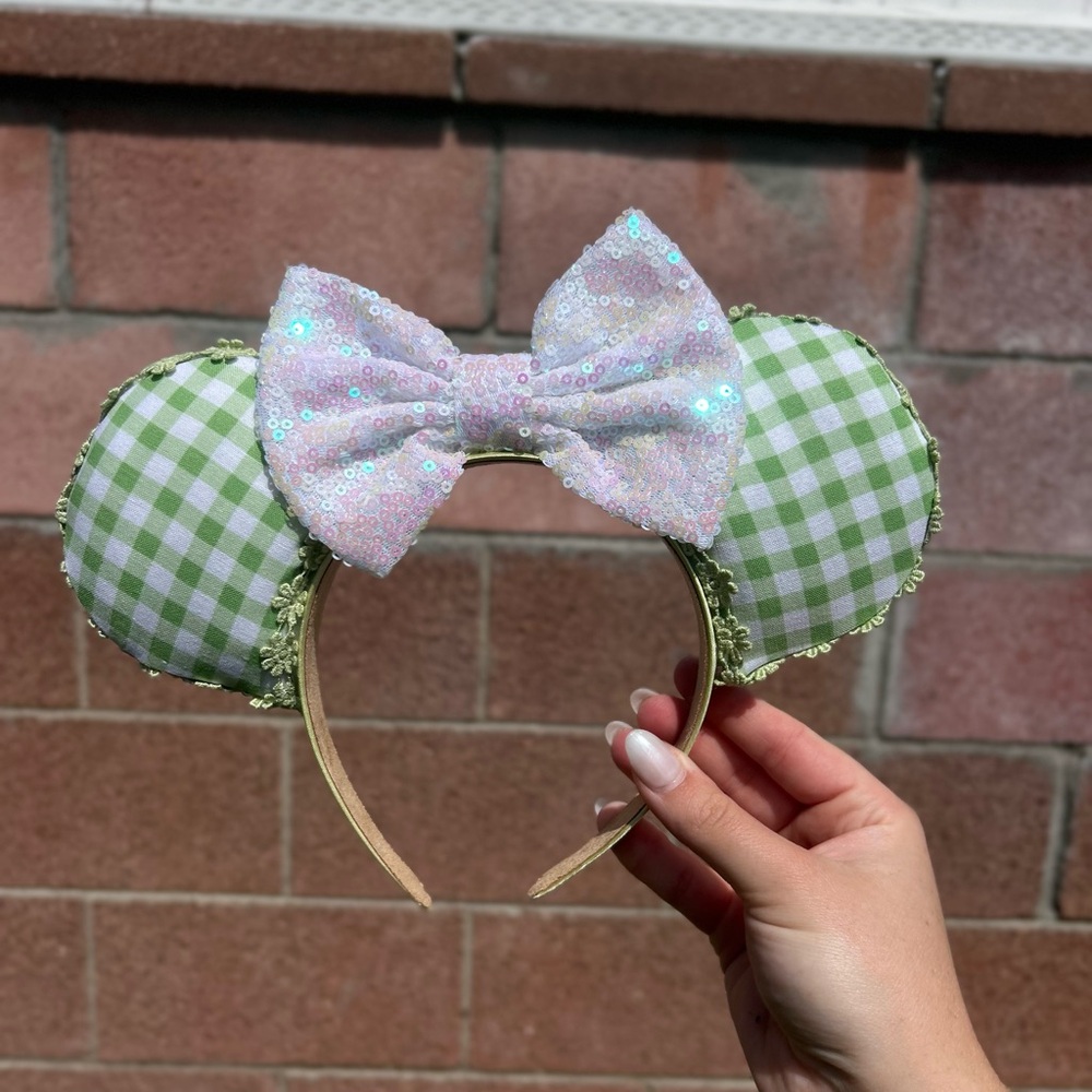 Green Gingham Mouse Ears Headband with Sequin Bow